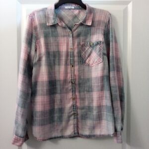Pink and Gray Plaid Women's Button Down Long Sleeve Blouse Size M By Maurices